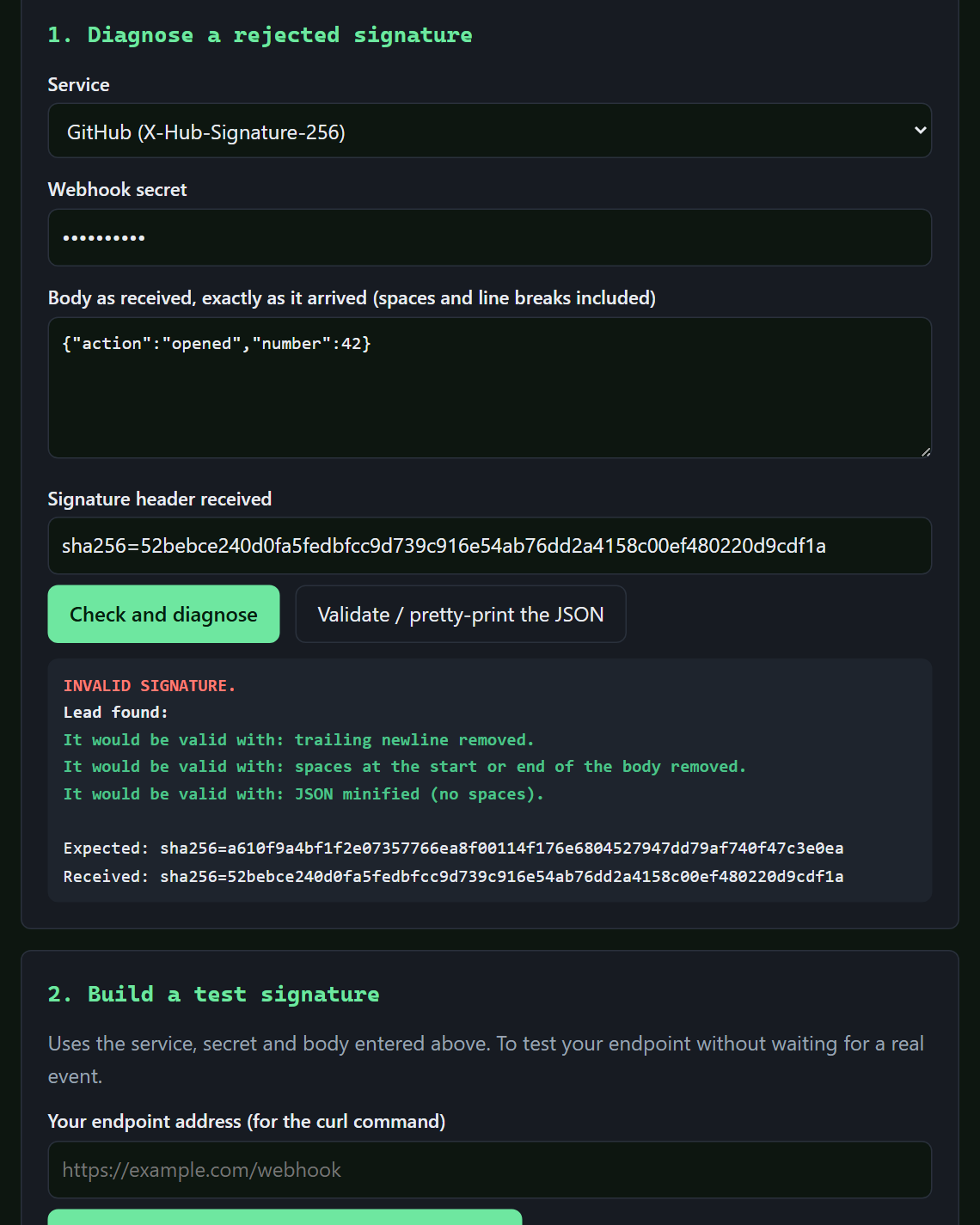 Screenshot of HookCheck: a GitHub webhook signature verified
